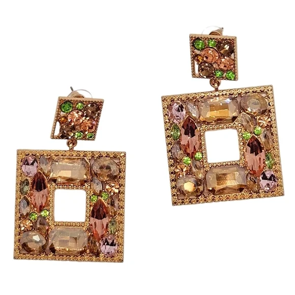 Golden Pastel Rhinestone Geometric Statement Earrings - Picture 1 of 12